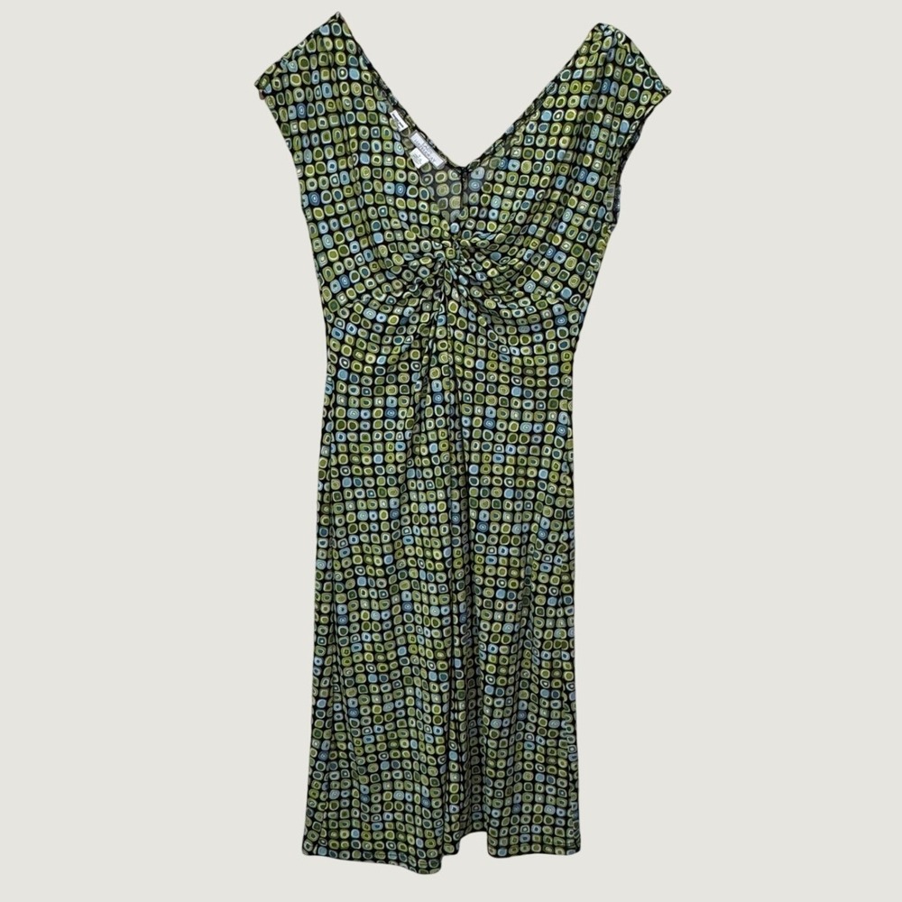 Lady Hathaway Dress Size 4 Green Blue Geometric V-Neck Retro Mod Sleeveless Midi
